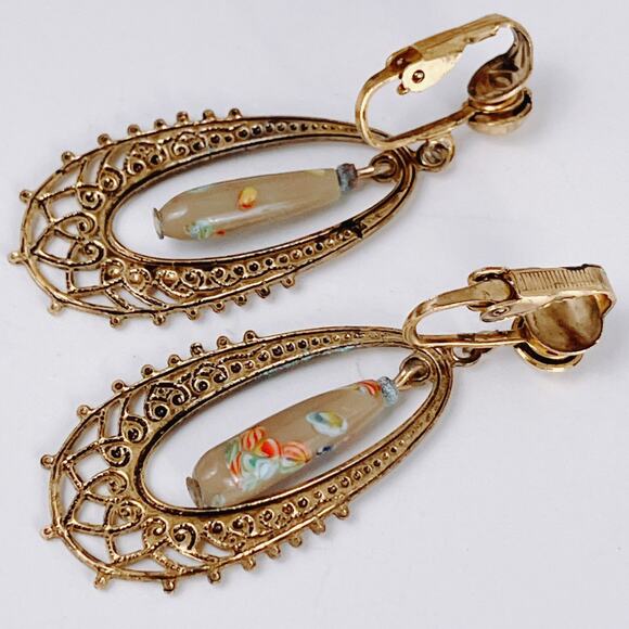 Vintage Mid Century Clip On Earrings Millefiori Art Glass Filigree Gold Tone - Picture 9 of 9